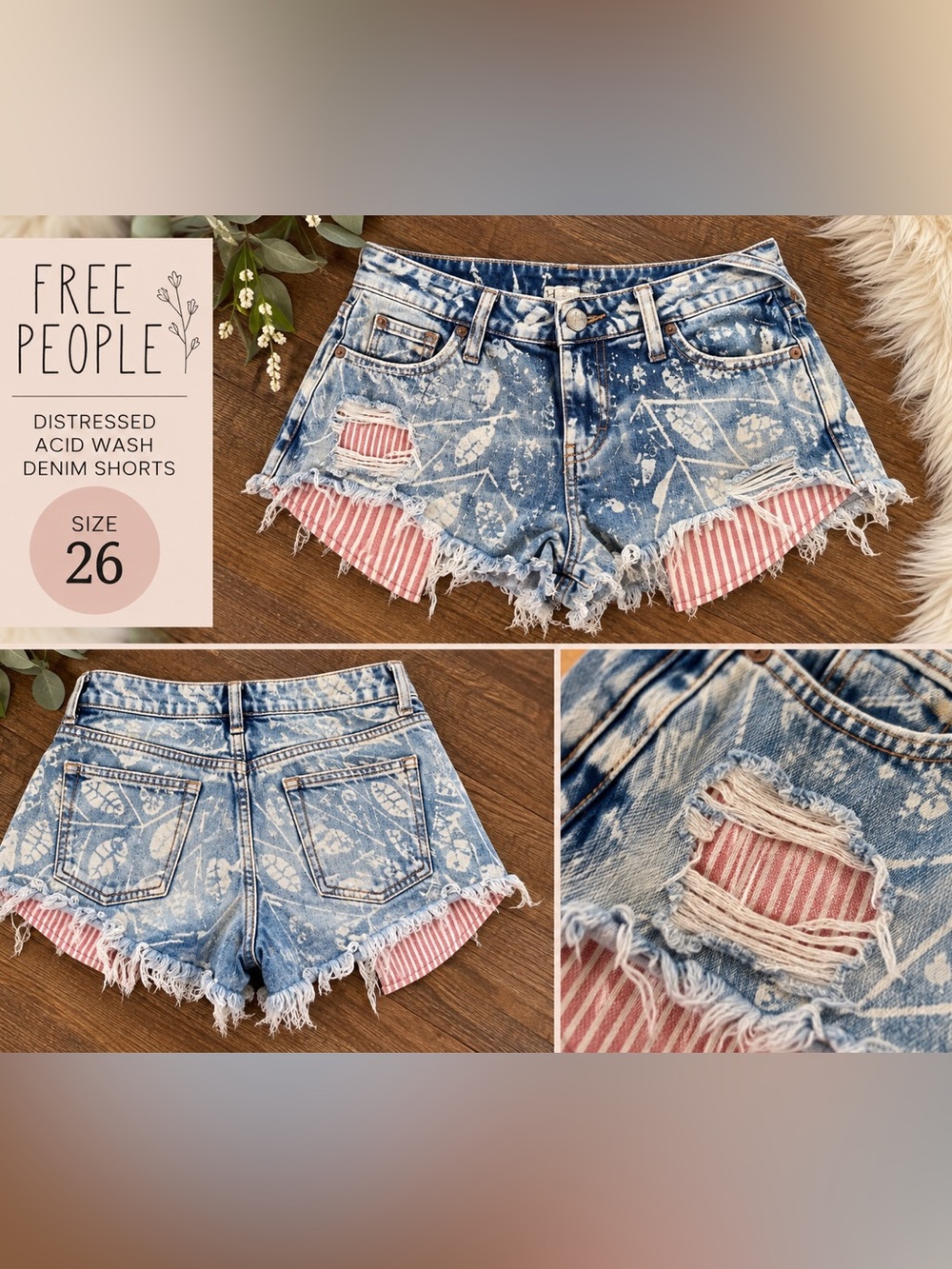 Free People Stylish Acid Wash Patriotic Blue Denim Shorts Size 26